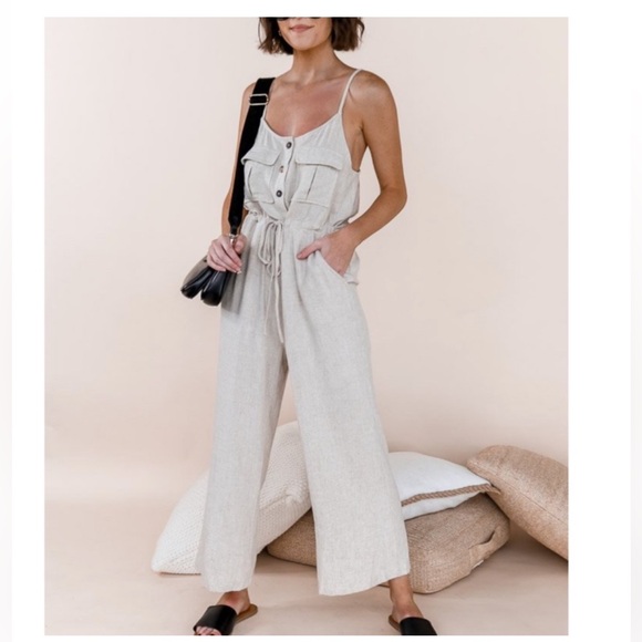 Promesa Pants - NWOT Promesa Linen Oatmeal Natural Light Beige Jumpsuit Tank Buttons